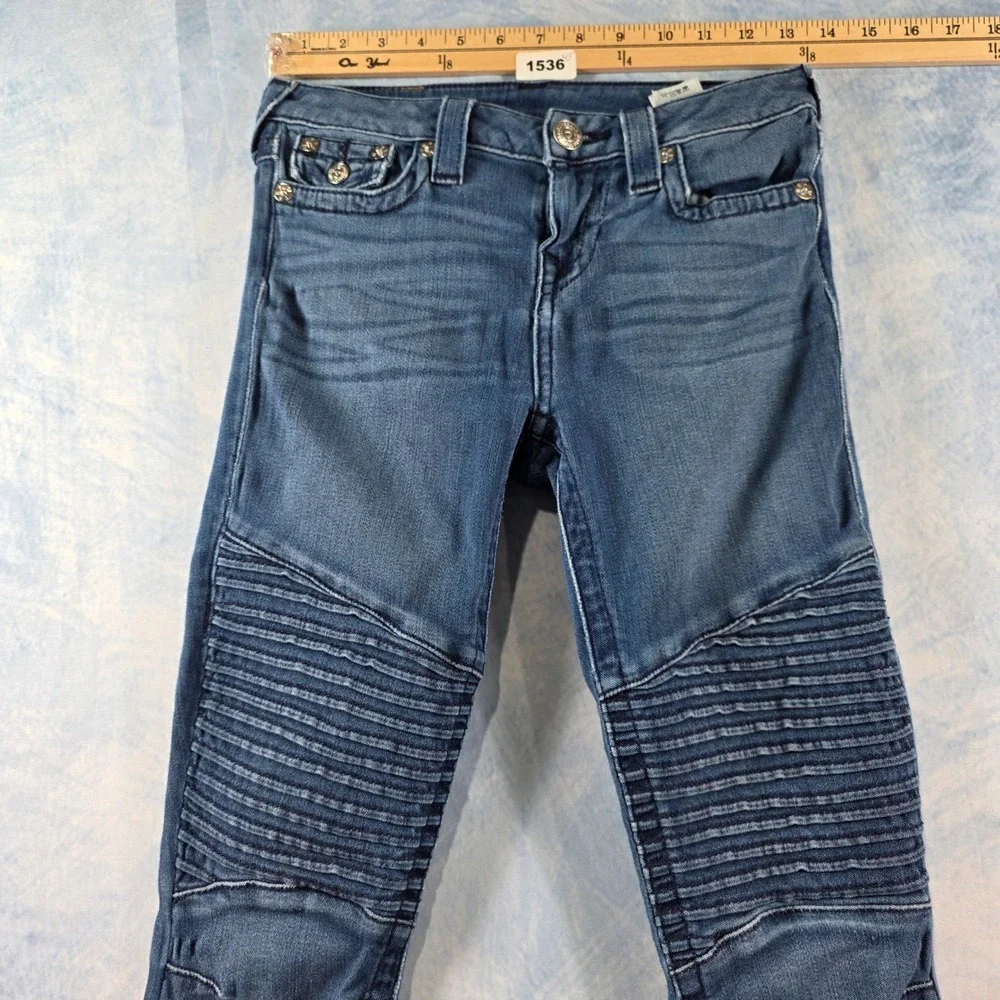 True Religion Casey Moto Skinny Jeans Womens 26 Blue Denim Ribbed Panel Low Rise